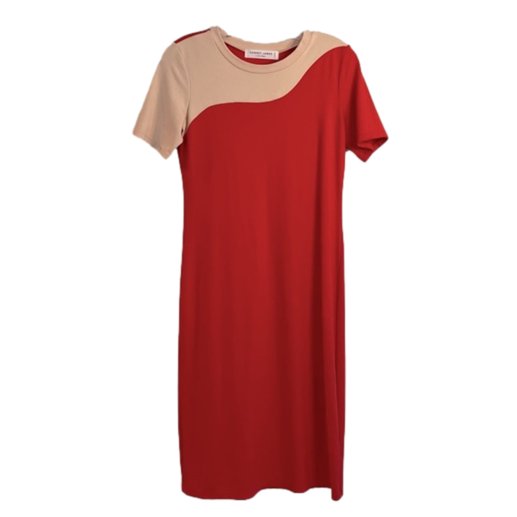 Sonnet James Dresses & Skirts - SOLD SONNET JAMES Red & Beige Abstract Swirl Short Sleeve Midi Play Dress Size S